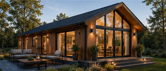 Terras van een luxe chalet bij schemering